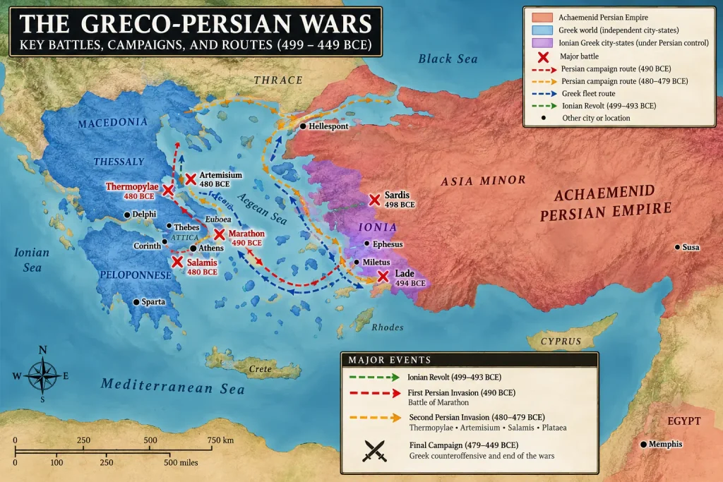 Historical map of the Greco-Persian Wars showing Persian invasion routes under Darius I and Xerxes I, including Marathon, Thermopylae and Salamis.