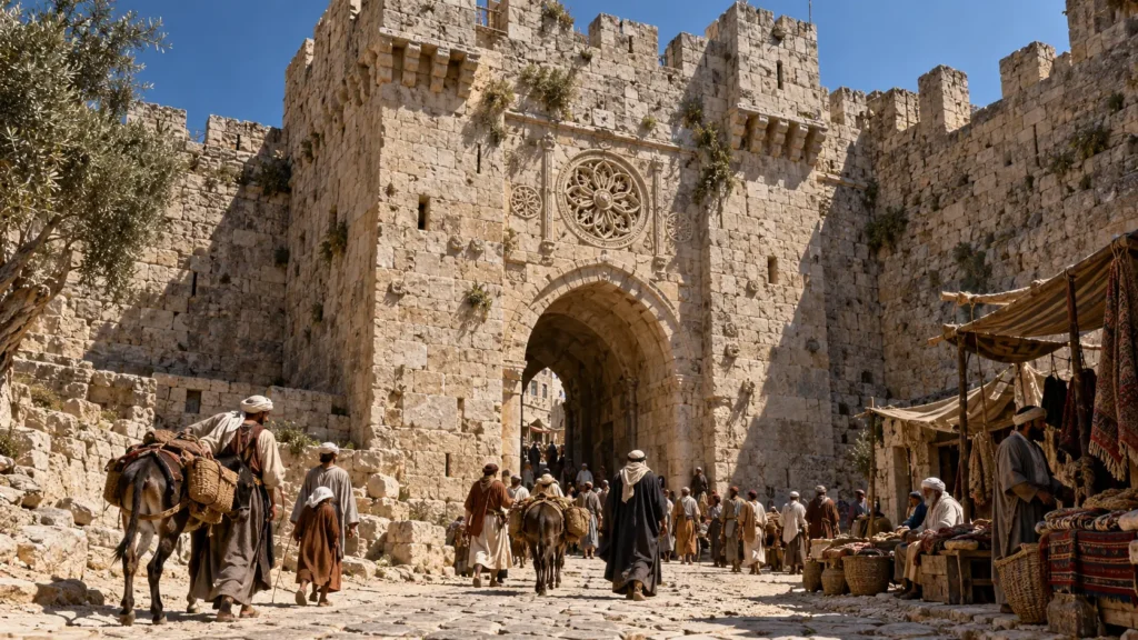 A detailed historical view of Herod's Gate in Jerusalem, focusing on the intricate stone floral rosette above the arch that gives it the name Gate of Flowers.