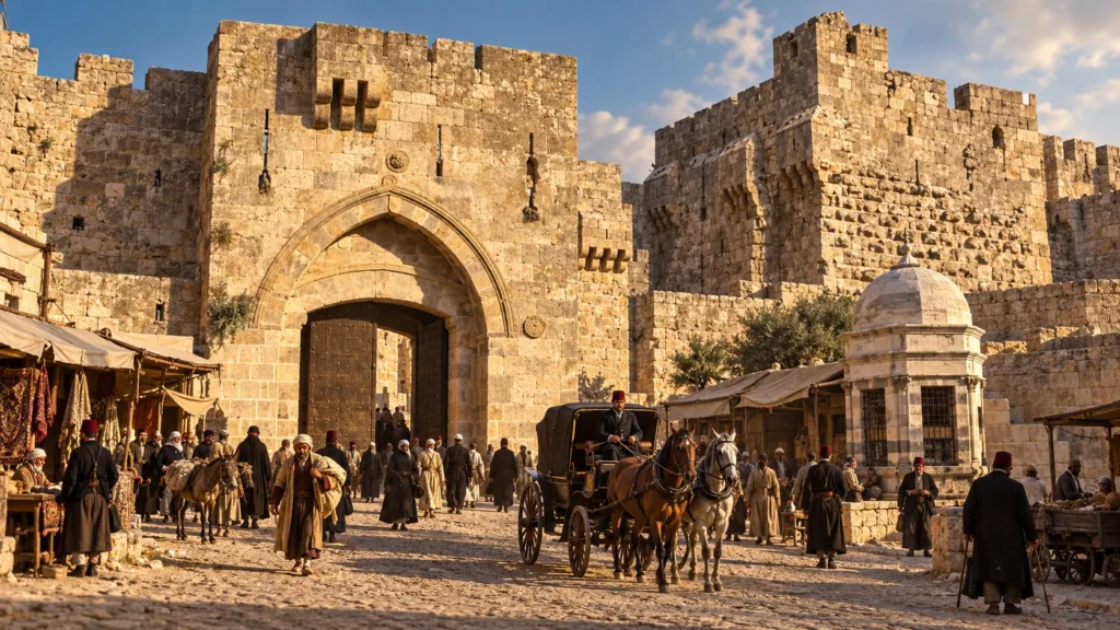 A realistic historical view of the Jaffa Gate in Jerusalem, showing travelers entering the western wall next to the ancient Tower of David Citadel.