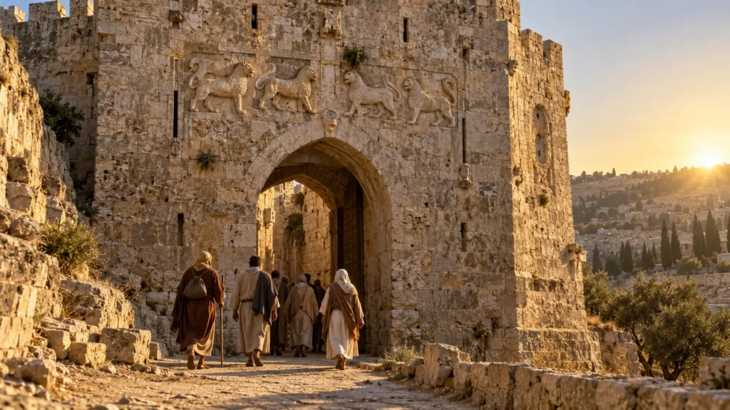 A realistic historical view of the Lions' Gate in Jerusalem, featuring the famous Mamluk panther reliefs carved into the limestone above the entrance.
