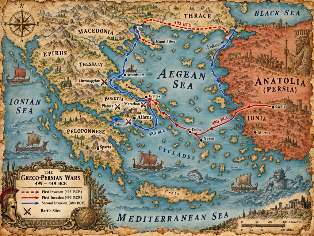 Mapa histórico ilustrado de las invasiones de las Guerras Médicas (499–449 a.C.), mostrando las rutas de la primera invasión persa (492 y 490 a.C.) en rojo y la segunda invasión (480 a.C.) en azul a través del Mar Egeo y la península griega.