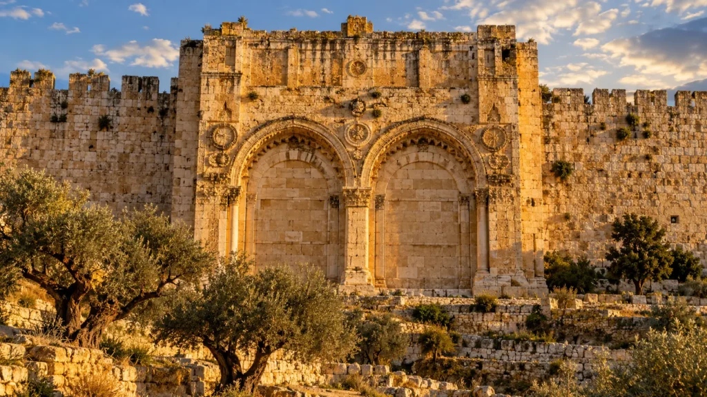 A hyper-realistic view of the sealed Golden Gate on the eastern wall of Jerusalem's Old City, illuminated by golden morning sunlight.