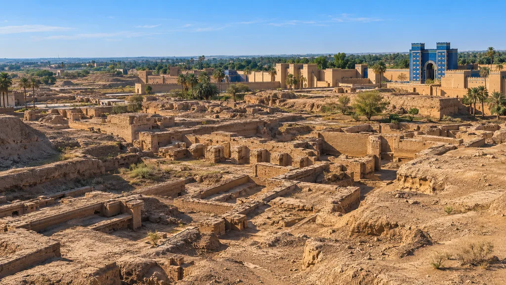 View of what Babylon looks like today showing archaeological ruins and reconstructed structures in Iraq