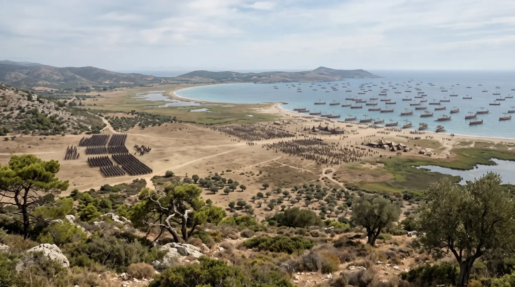 Map and historical landscape of the Bay of Marathon, the coastal plain where the Greek army fought the Persians in 490 BCE.