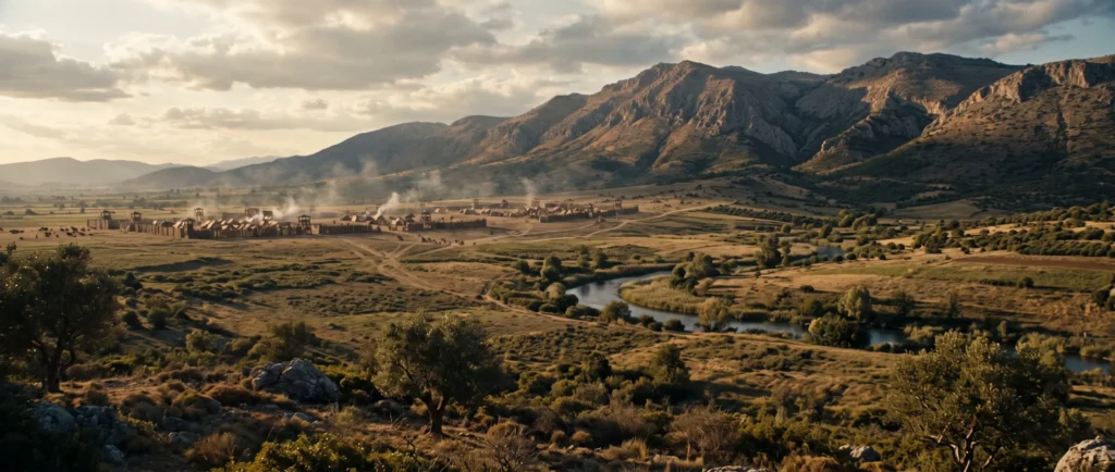 Landscape of the Plataea battlefield showing the Asopus River, the Persian fortified camp, and Mount Cithaeron.