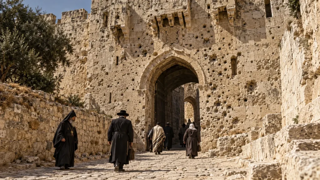 A highly detailed view of the Zion Gate in Jerusalem, showing its iconic Ottoman limestone facade heavily scarred by bullet holes from the 1948 war.